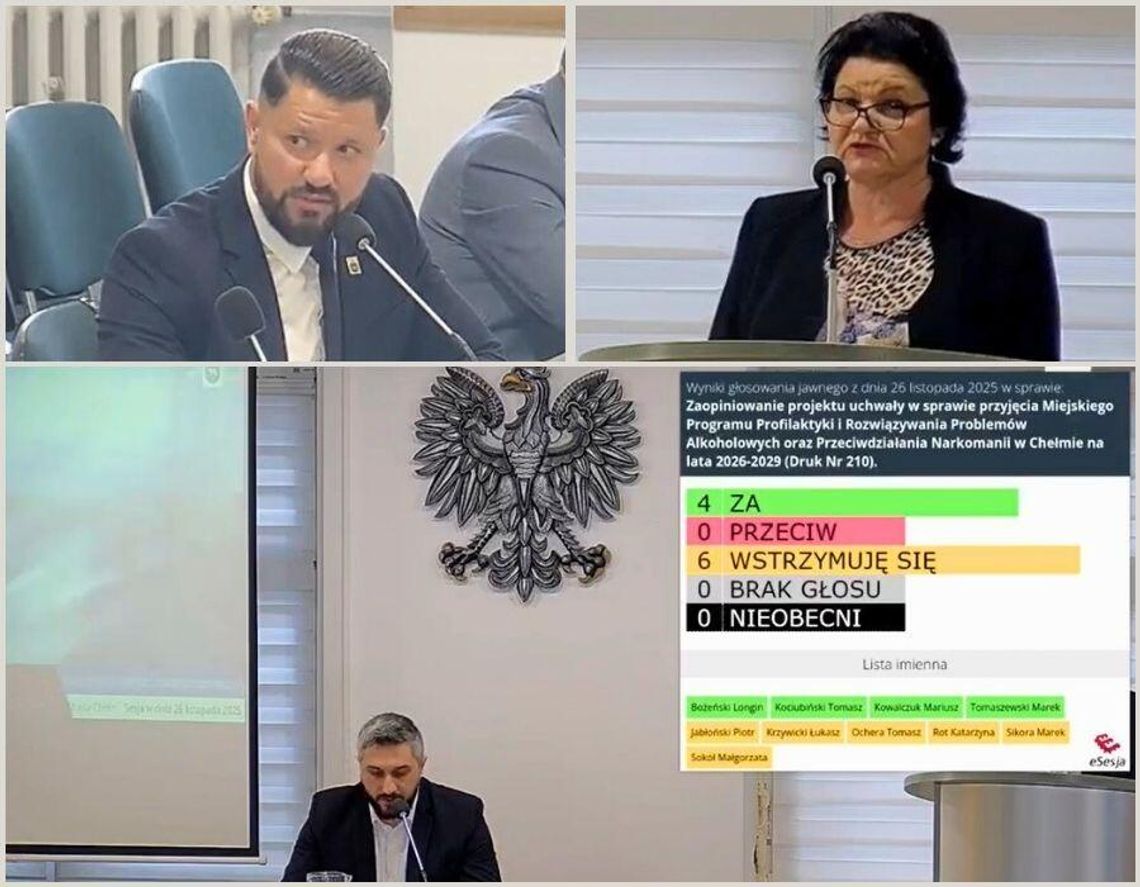 Na zdjęciu: radny Tomasz Ochera podczas zabierania głosu na wspólnym posiedzeniu komisji, dyrektor Dorota Betka przedstawiająca założenia programu oraz wynik głosowania nad miejskim programem profilaktyki uzależnień na lata 2026–2029.