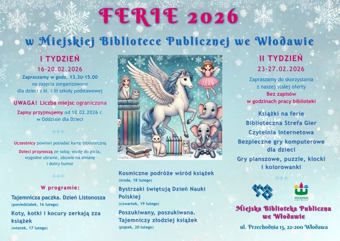 Miejska Biblioteka Publiczna we Włodawie ogłosiła szczegółowy harmonogram wydarzeń przygotowanych z okazji ferii zimowych.