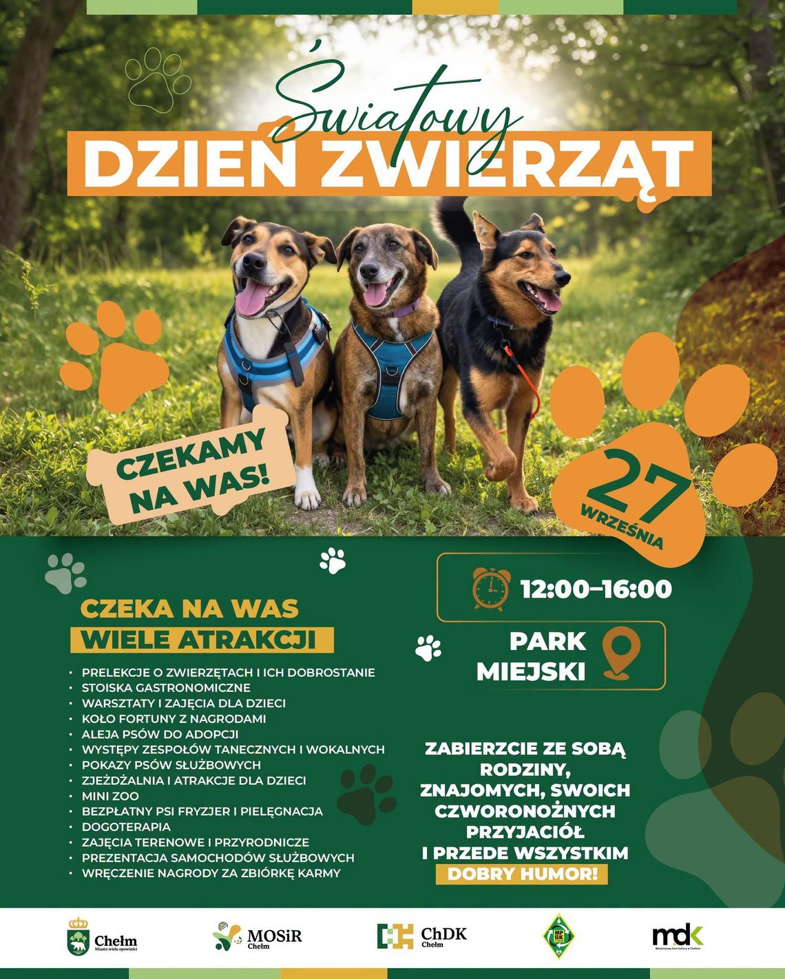 Chełm. Światowy Dzień Zwierząt - rodzinne wydarzenie z adopcjami i pokazami Światowy Dzień Zwierząt odbędzie się 27 września w godzinach 12:00–16:00 w Parku Miejskim im. Unii Europejskiej przy al. Armii Krajowej w Chełmie.