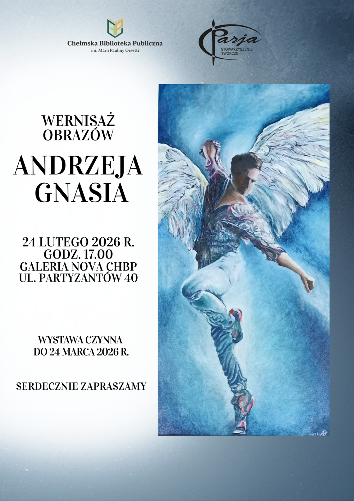 24 lutego o godzinie 17:00 w galerii Nova Chełmskiej Biblioteki Publicznej odbędzie się wernisaż wystawy malarstwa Andrzeja Gnasia.