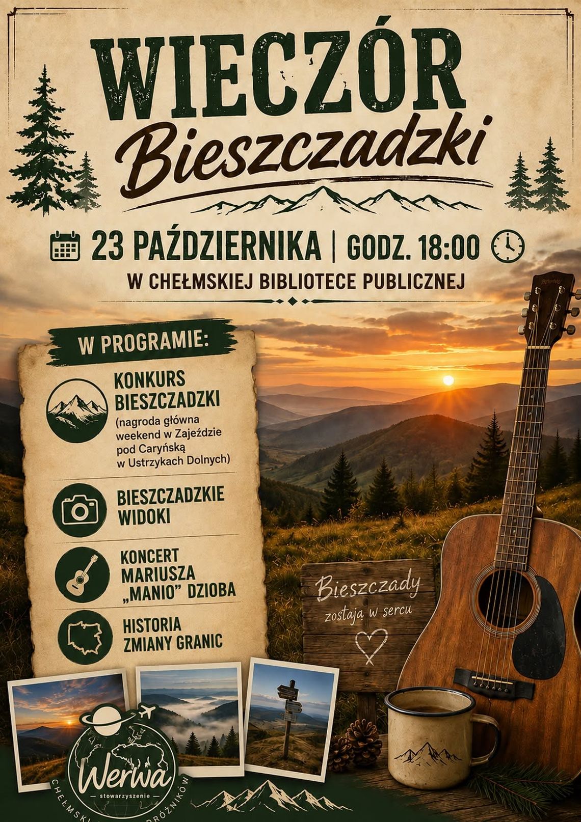 Chełm. Wieczór Bieszczadzki. Będą konkursy, koncert i opowieści o regionie Wieczór Bieszczadzki w Chełmskiej Bibliotece Publicznej 23 października.