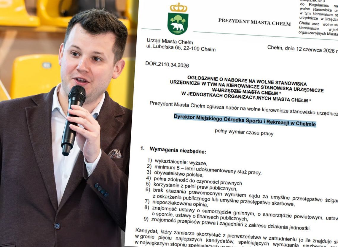 Chełm. Zaskakujący konkurs na dyrektora MOSiR. Ogłoszony zaledwie kilka tygodni po poprzednim dominik małys i ogłoszenie o nowym konkursie na dyrektora mosir chełm