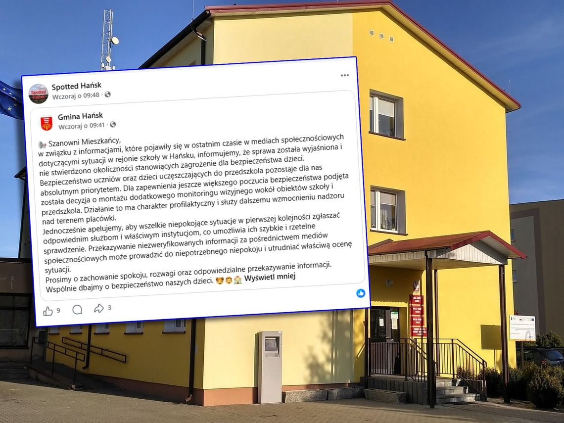 komunikat gminy na na tle budynku urzędu w hańsku