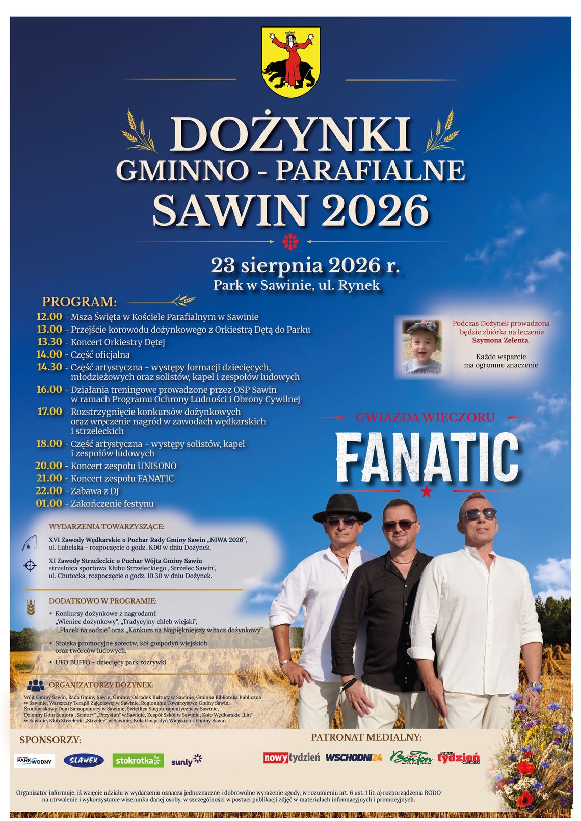 Dożynki Gminno-Parafialne Sawin 2026. Muzyka, tradycja i pomoc dla potrzebującego dziecka Dożynki Gminno-Parafialne Sawin odbędą się 23 sierpnia.