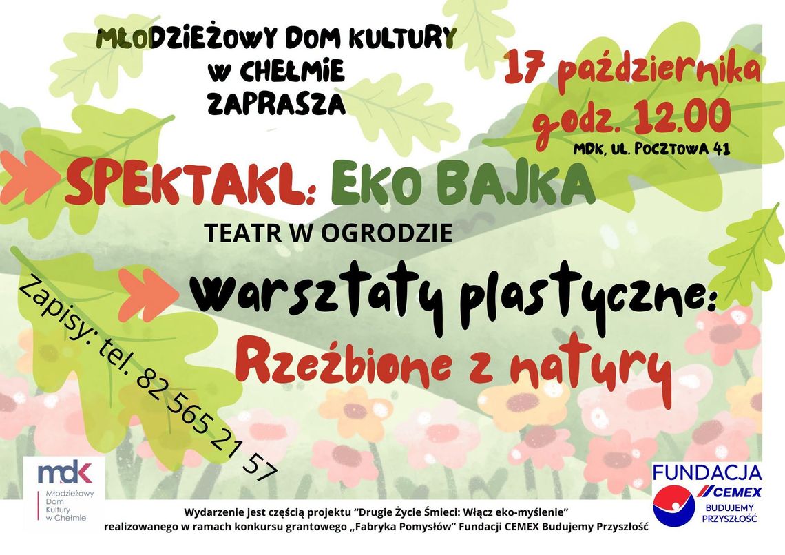 „Eko bajka” i warsztaty z gliny. Bezpłatne wydarzenie dla rodzin już 17 października 17 października w MDK odbędą się bezpłatny spektakl „Eko bajka” i warsztaty „Rzeźbione z natury”.
