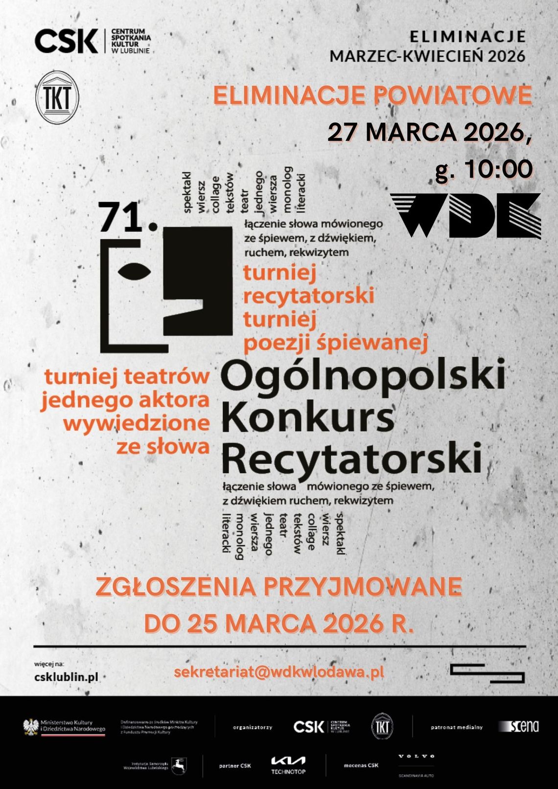 Eliminacje do Ogólnopolskiego Konkursu Recytatorskiego we Włodawie Wydarzenie zaplanowano na 27 marca, a pierwsze prezentacje konkursowe rozpoczną się o godzinie 10:00.