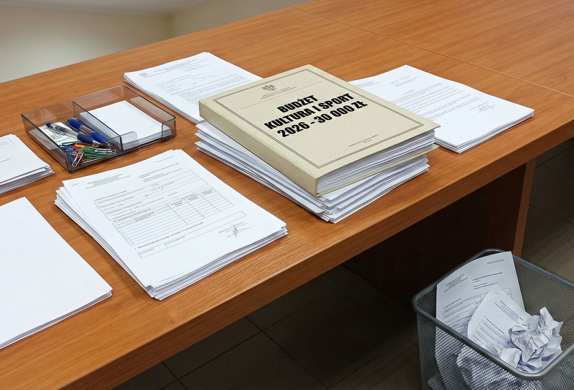 stół z teczkami i wnioskami obok kosz z papierami