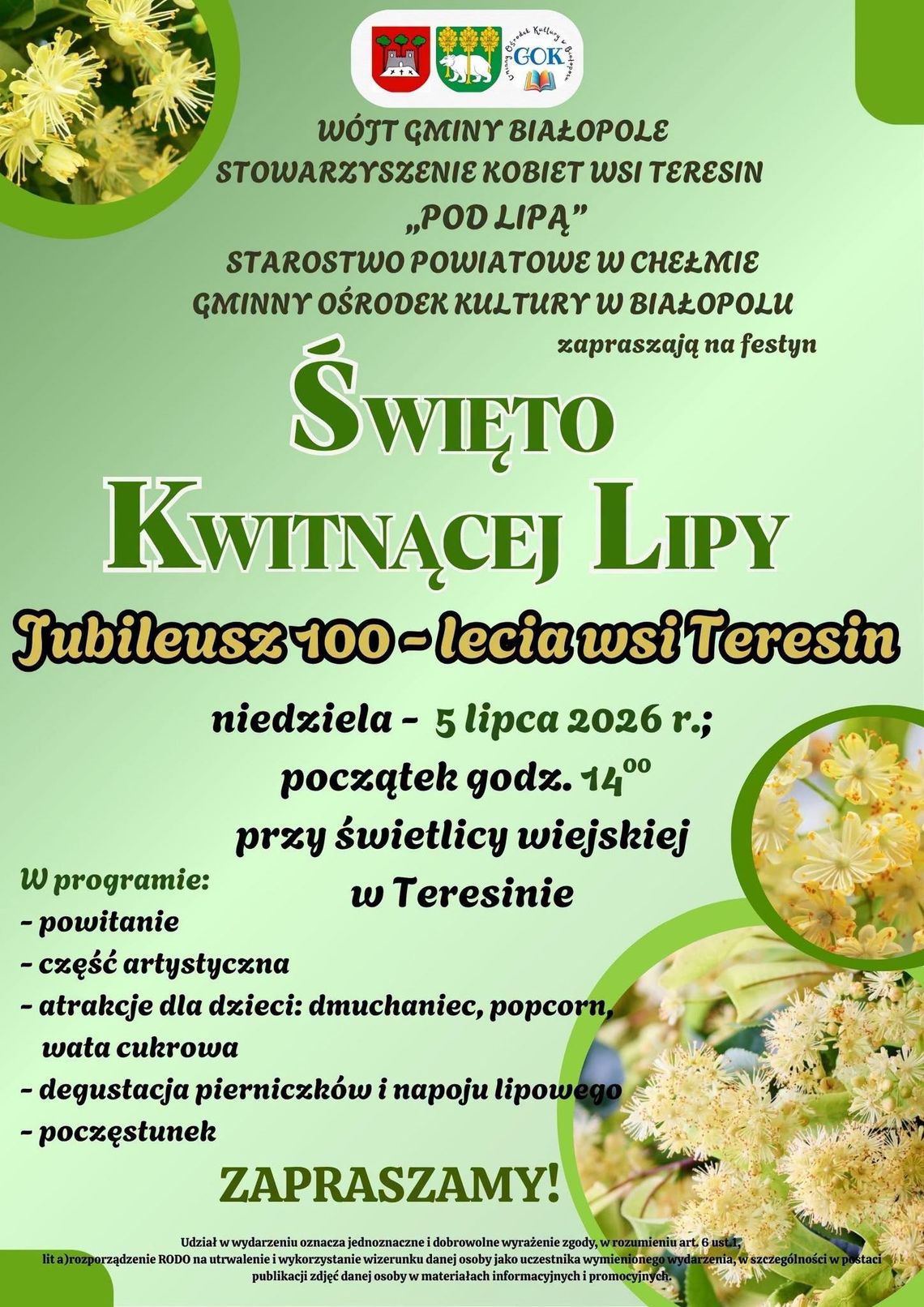 Gm. Białopole. Święto Kwitnącej Lipy i 100-lecie Teresina Festyn "Święto Kwitnącej Lipy" odbędzie się 5 lipca i ma przyciągnąć całe rodziny.