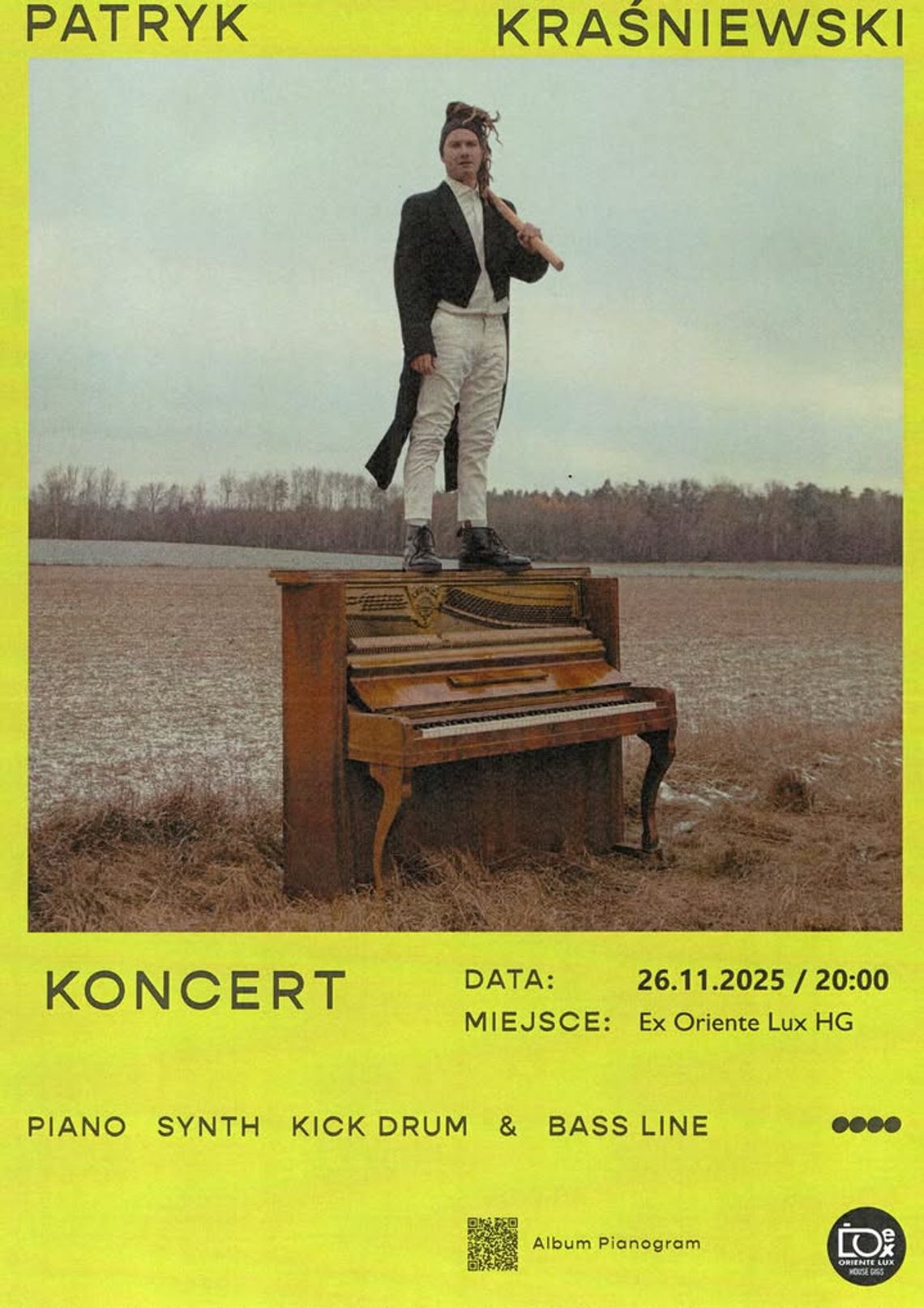 Koncert Patryka Kraśniewskiego odbędzie się 26 listopada o godzinie 20:00.