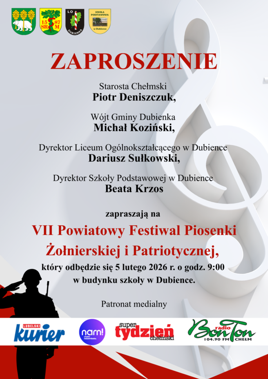5 lutego o godzinie 9:00 w Dubience rozpocznie się VII Powiatowy Festiwal Piosenki Żołnierskiej i Patriotycznej.