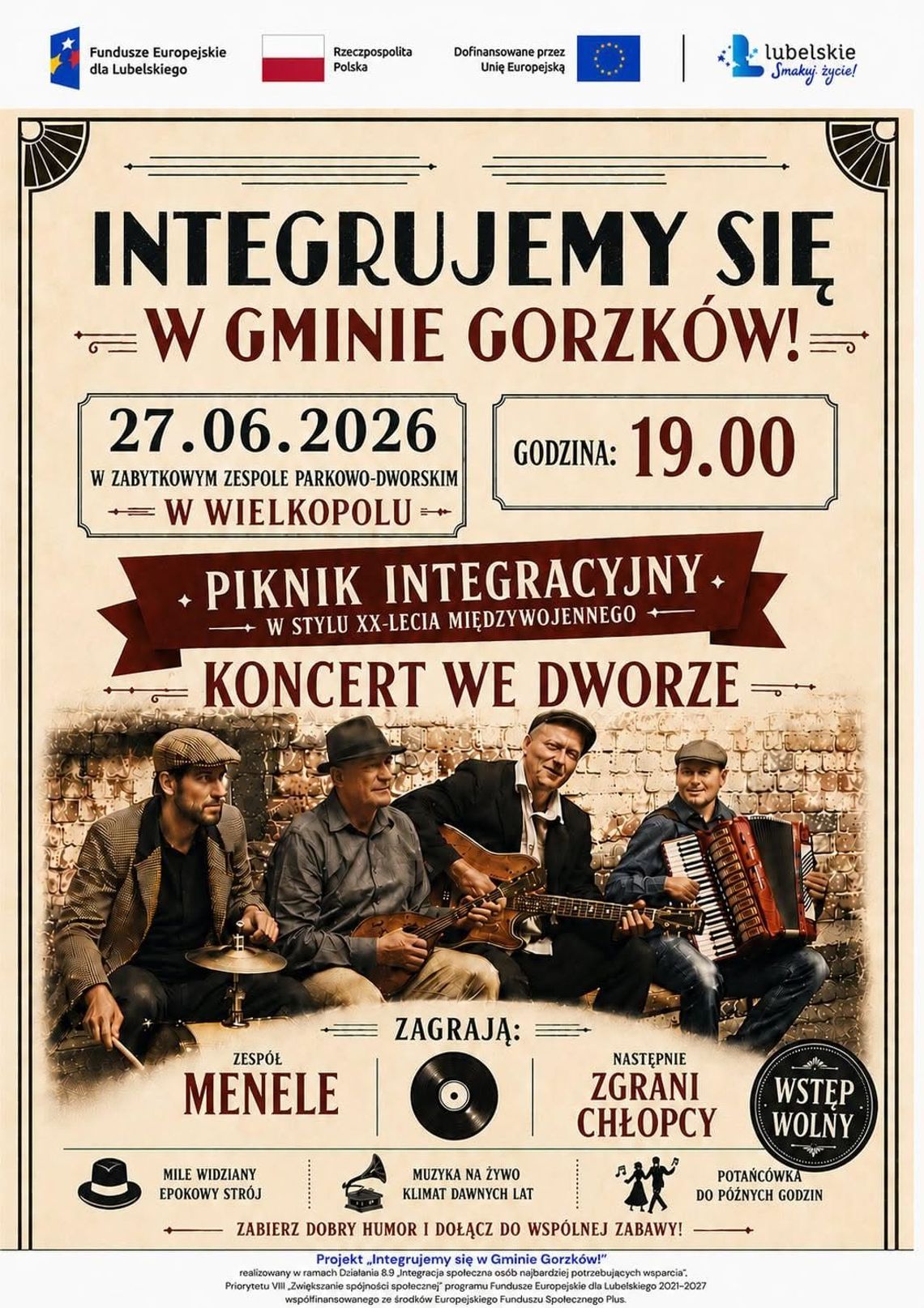 Gm. Gorzków. Piknik w Wielkopolu przeniesie mieszkańców w klimat XX-lecia międzywojennego W sobotę, 27 czerwca o godzinie 19:00, w zabytkowym Zespole Parkowo-Dworskim w Wielkopolu odbędzie się Piknik Integracyjny pod hasłem „Integrujemy się w Gminie Gorzków!”.