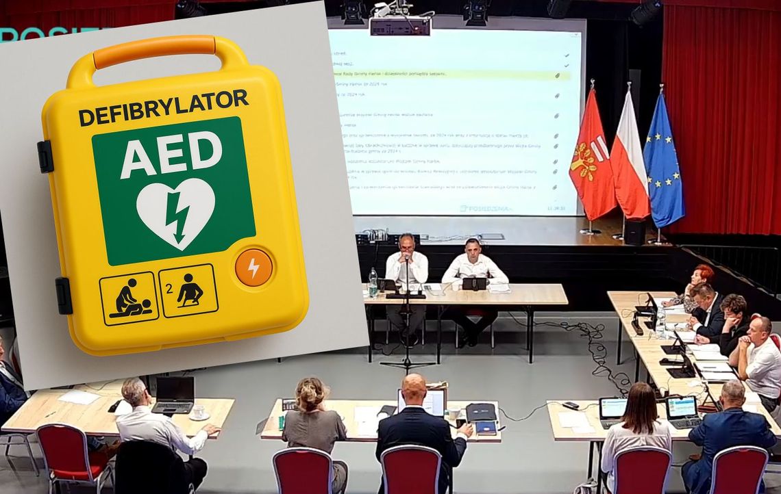 defibrylator na tle sesji rady gminy
