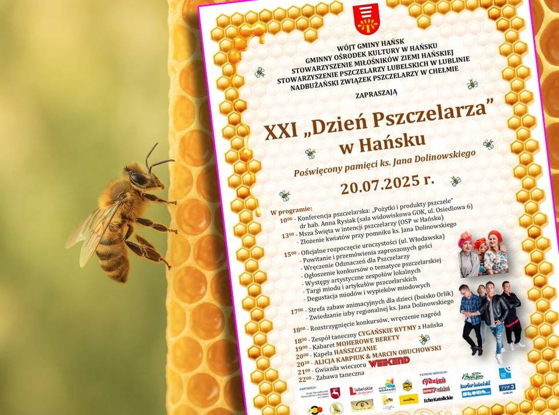 plakat na tle pszczoły z plastrem miodu