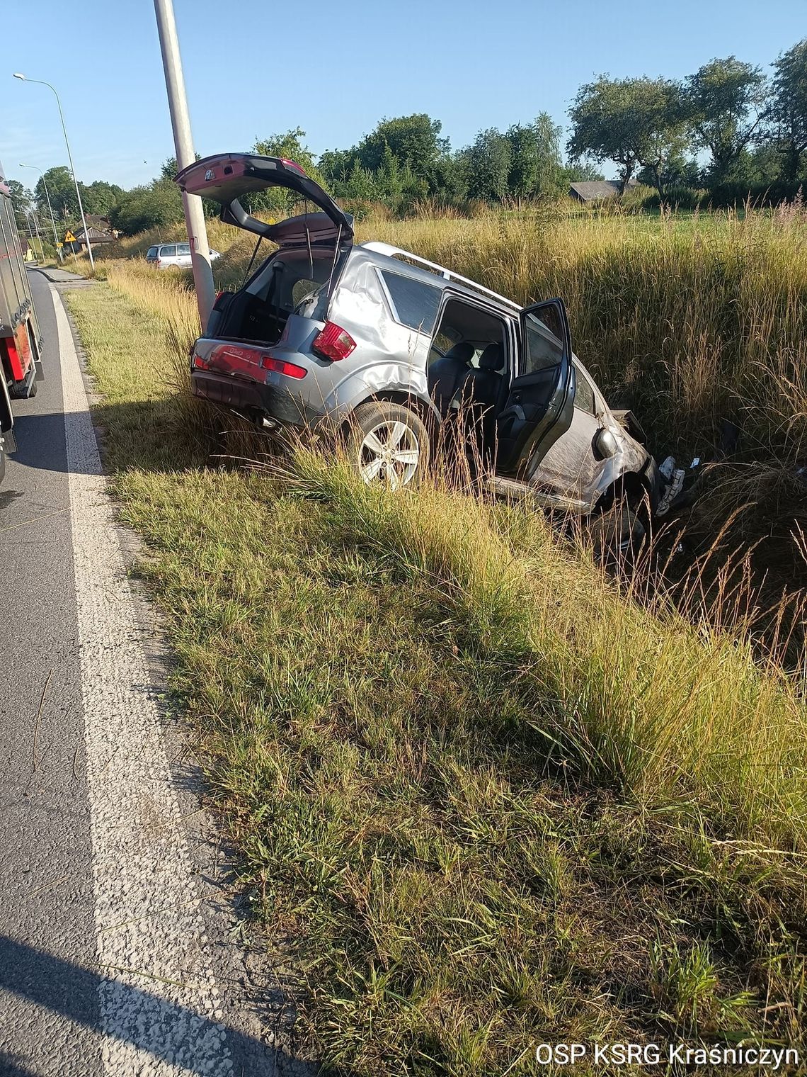 Gm. Kraśniczyn. Auto w rowie. Bocian wypadł z gniazda