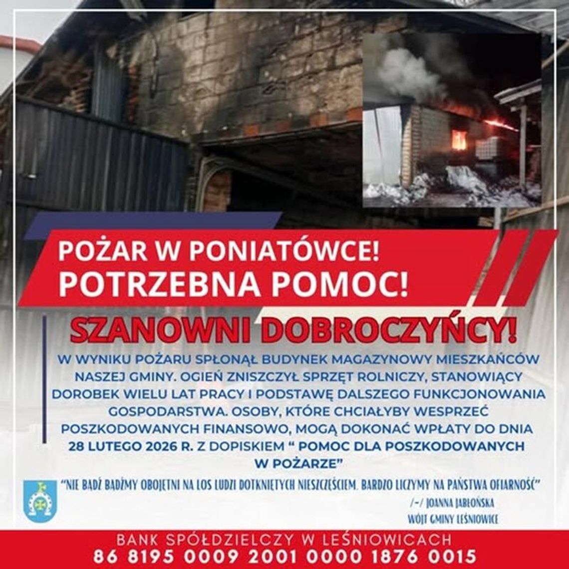 Gm. Leśniowice. Stracili budynek, a wraz z nim bezcenny sprzęt. Społeczność gminy chce pomóc pogorzelcom z Poniatówki Zima to dla wielu rodzin czas, który obfituje w różnego rodzaju niebezpieczne zdarzenia. Nie brakuje przecież pożarów, które wywołane są najczęściej przez pracujące na pełnych obrotach instalacje grzewcze. Ale bywa i tak, że ogień trawi również bezcenny dobytek życia – gospodarski sprzęt.