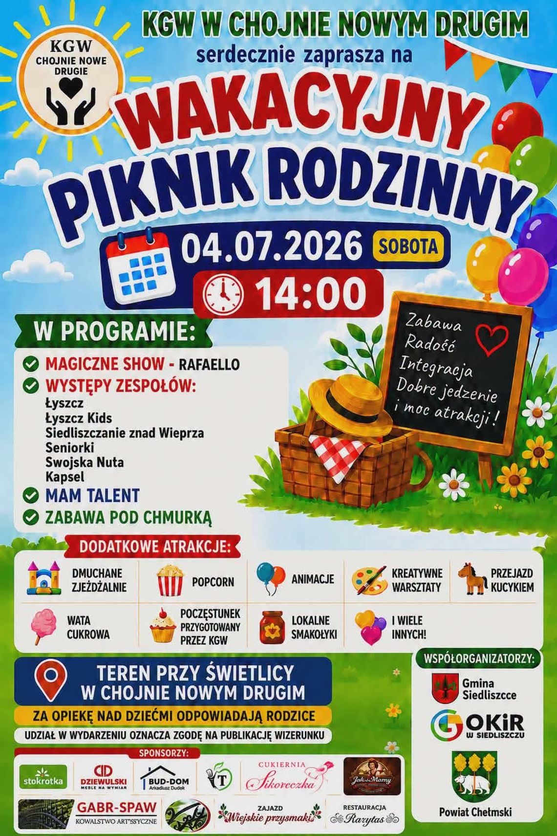 Gm. Siedliszcze. Wakacyjny Piknik Rodzinny w Chojnie Nowym Drugim Wakacyjny Piknik Rodzinny odbędzie się w sobotę 4 lipca o godzinie 14:00 na terenie przy świetlicy.