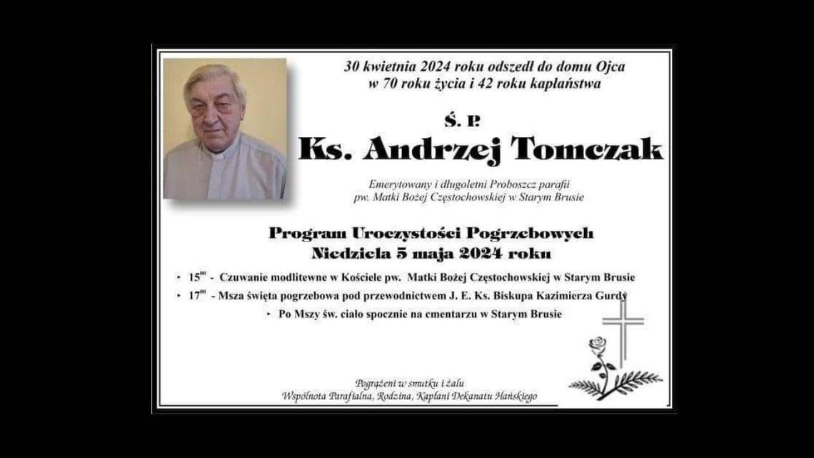 Gm. Stary Brus. Nie żyje ks. Andrzej Tomczak