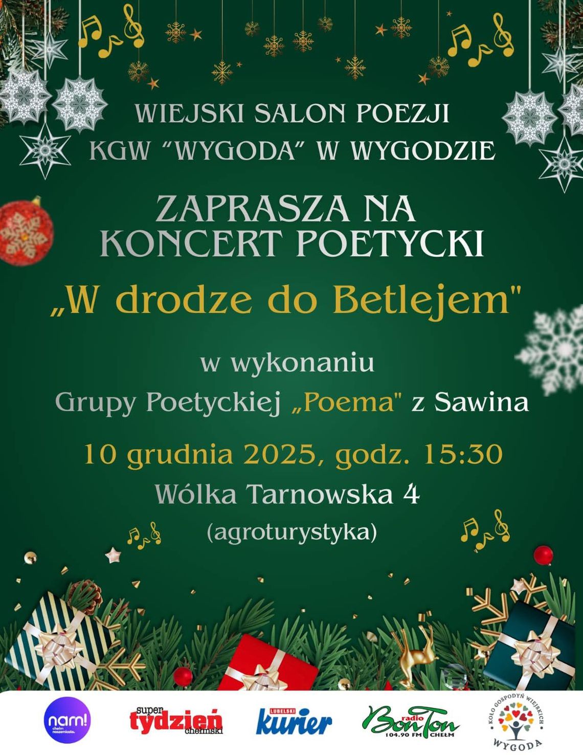Koncert „W drodze do Betlejem” odbędzie się 10 grudnia (środa) o godzinie 15:30 w Wiejskim Salonie Poezji w Wólce Tarnowskiej 4.
