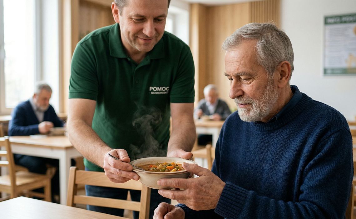 pracownik schroniska dla bezdomnych osób podaje podopiecznemu ciepłą zupę