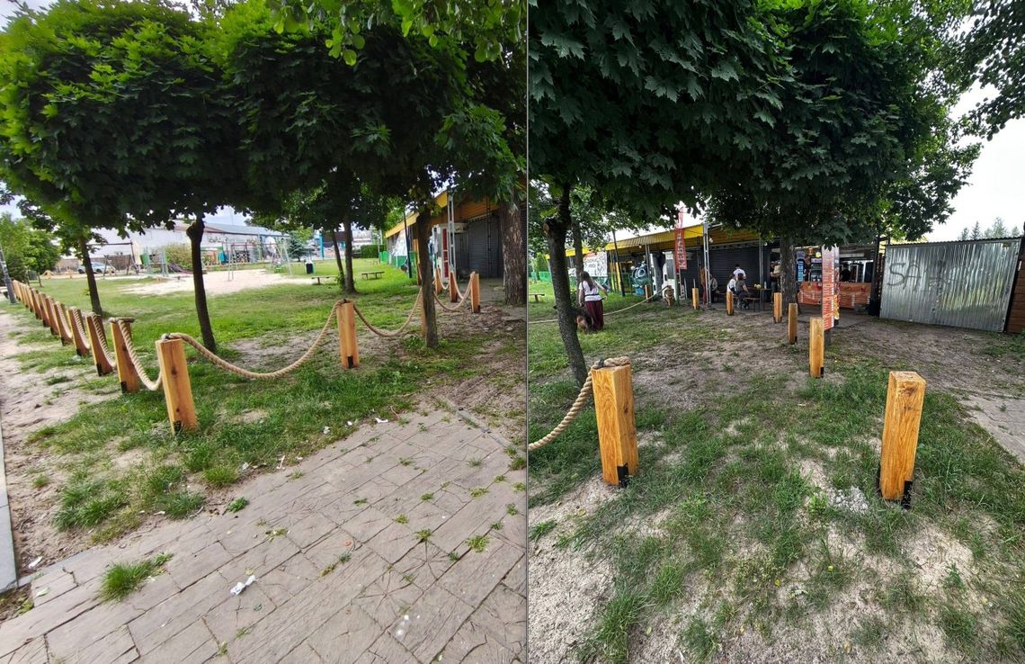 Gm. Włodawa. Wandale niszczą infrastrukturę dla dzieci. Mieszkańcy zaniepokojeni ogrodzenie placu zabaw w okunince przed i po dewastacji