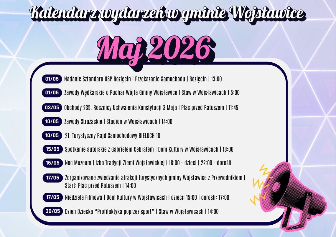 W maju w gminie Wojsławice zaplanowano cykl wydarzeń obejmuje szerokie spektrum aktywności, począwszy od inicjatyw o charakterze historycznym, przez zmagania sportowe, aż po spotkania autorskie i rajdy samochodowe.