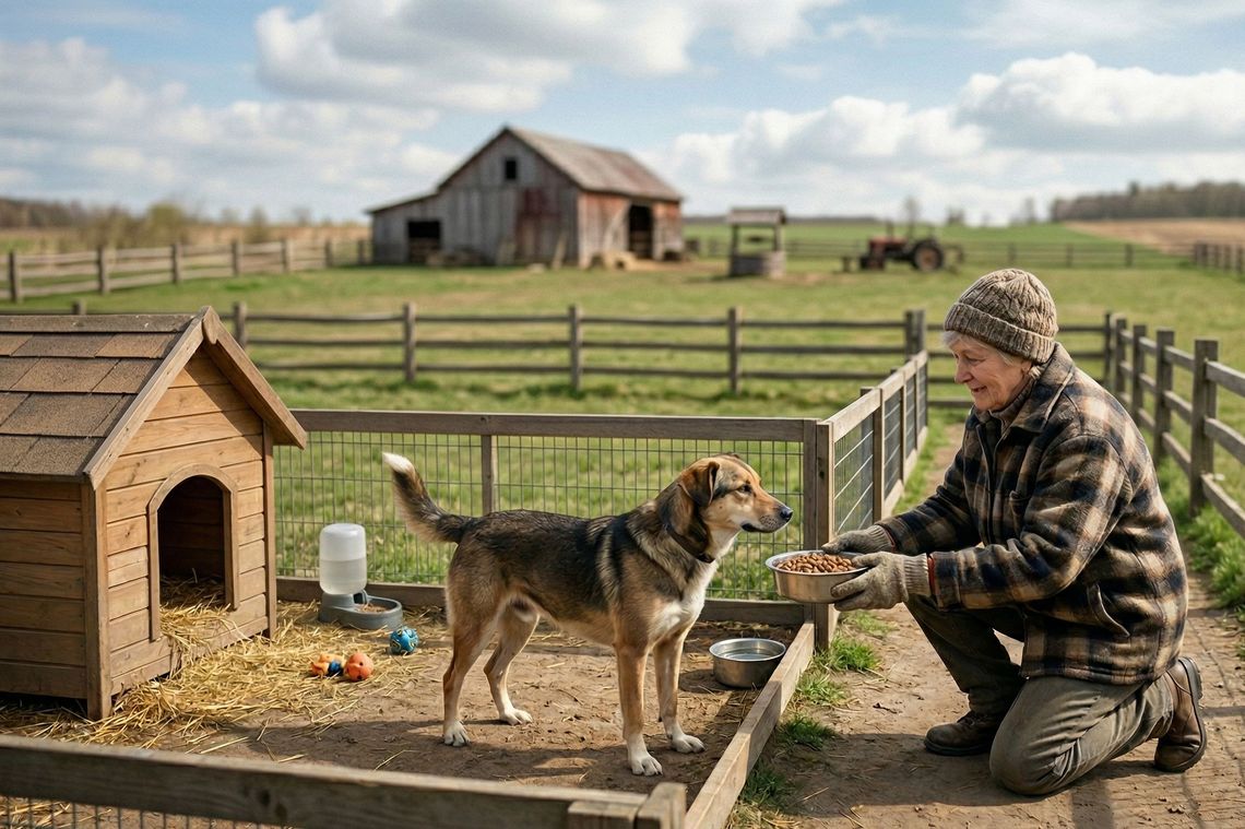 kobieta podaje psu miskę z suchą karmą