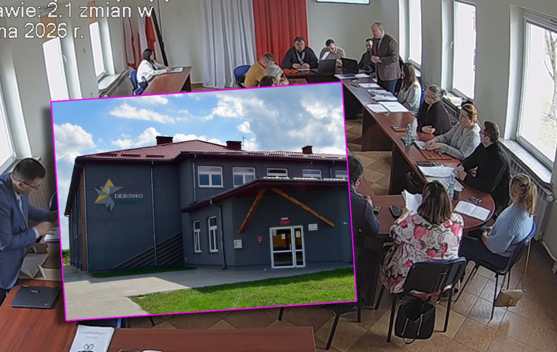zdjecie gminnej biblioteki na tle kadru z sesji rady gminy wyryki