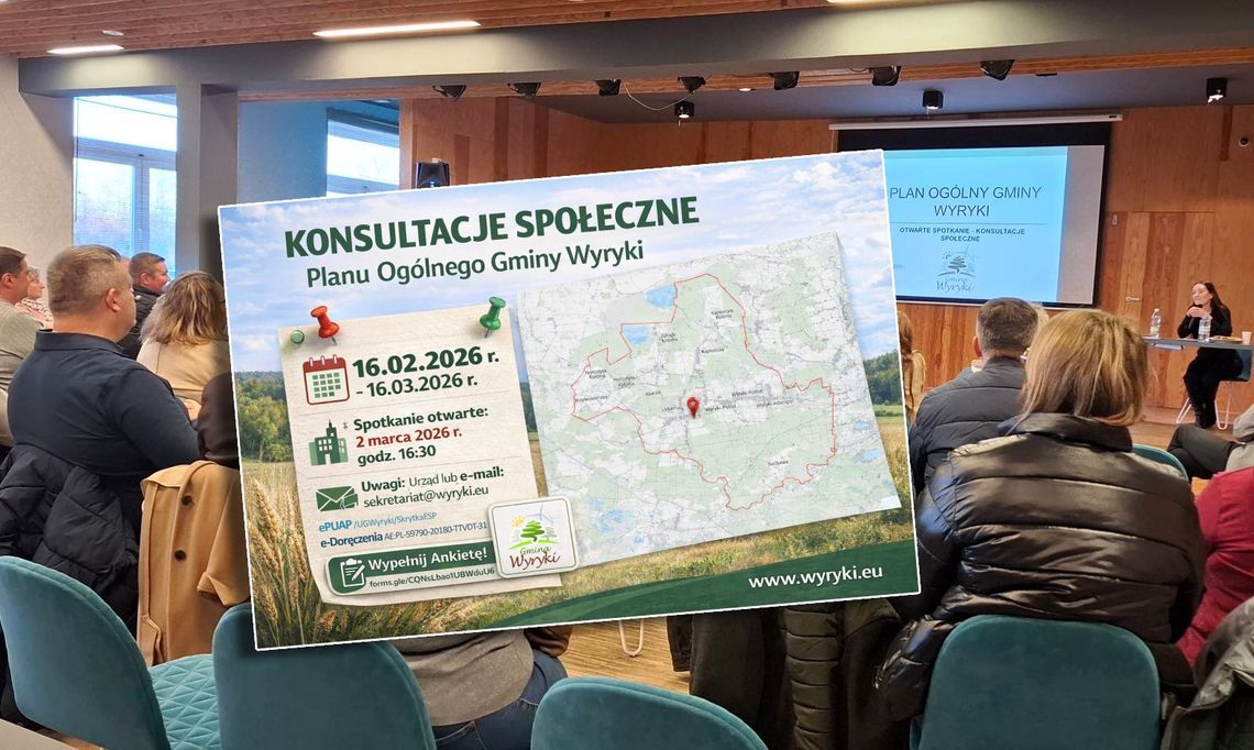 Gm. Wyryki. Waży się przyszłość twoich działek. Ostatnie dni na ważne decyzje kadr ze spotkania konsultacyjnego i grafika z tereminem konsultacji