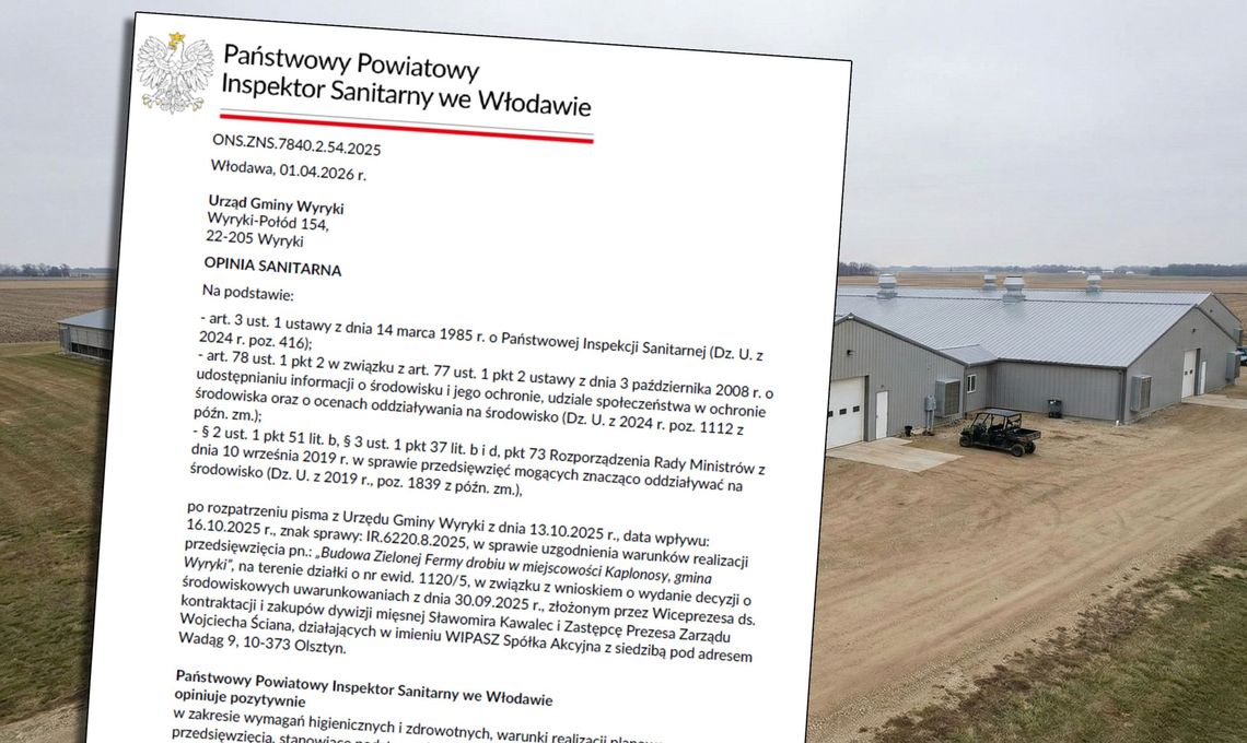 skan opinii sanepidu na tle przykładowego kurnika na fermie drobiu