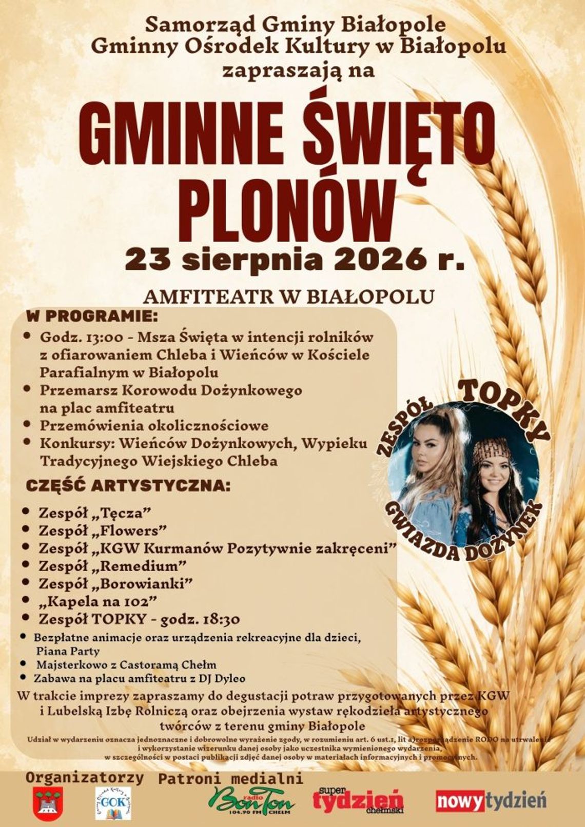 Gminne Święto Plonów w Białopolu odbędzie się 23 sierpnia.