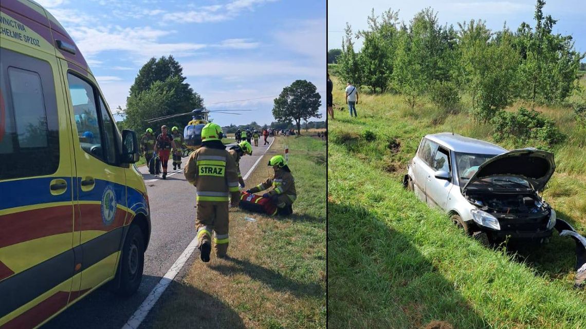 Groźny wypadek na drodze wojewódzkiej. Skoda wypadła z trasy, interweniował śmigłowiec LPR [ZDJĘCIA]