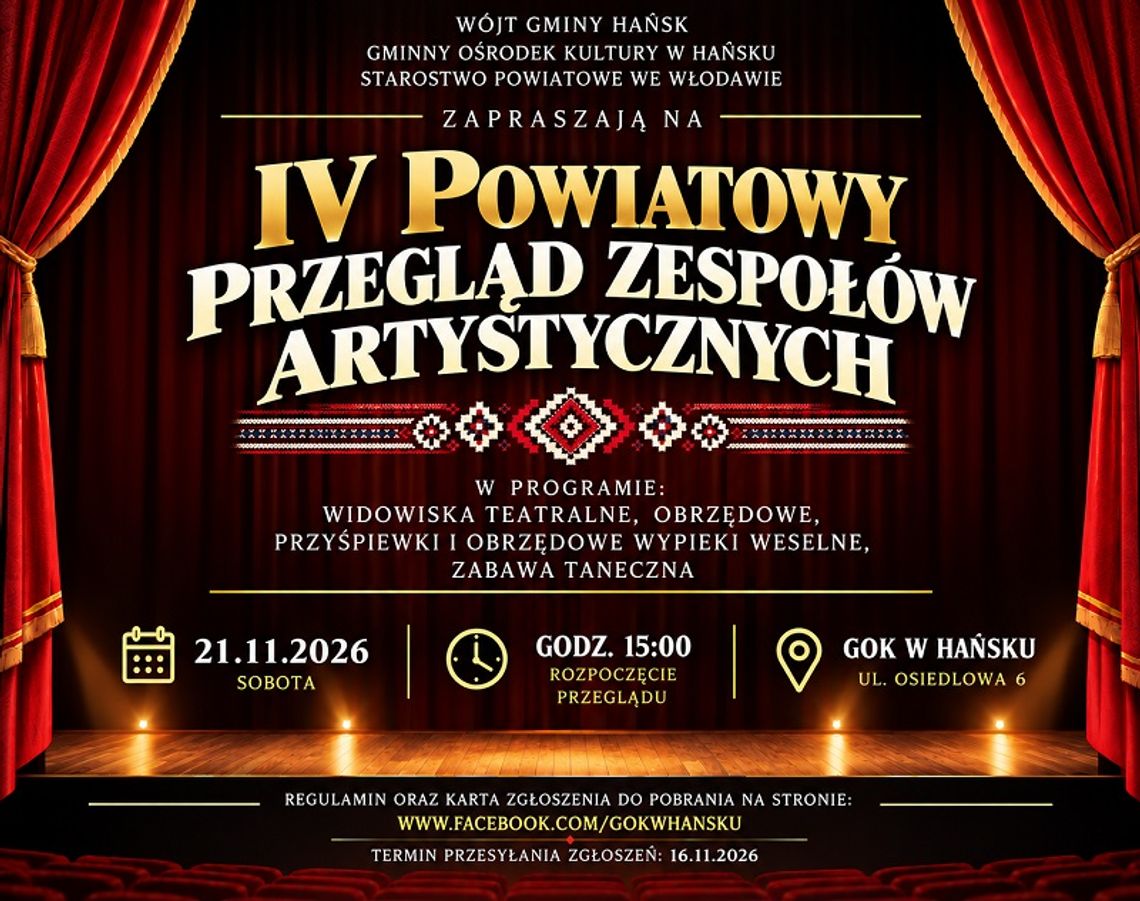 21 listopada w Hańsku odbędzie się IV Powiatowy Przegląd Zespołów Artystycznych.