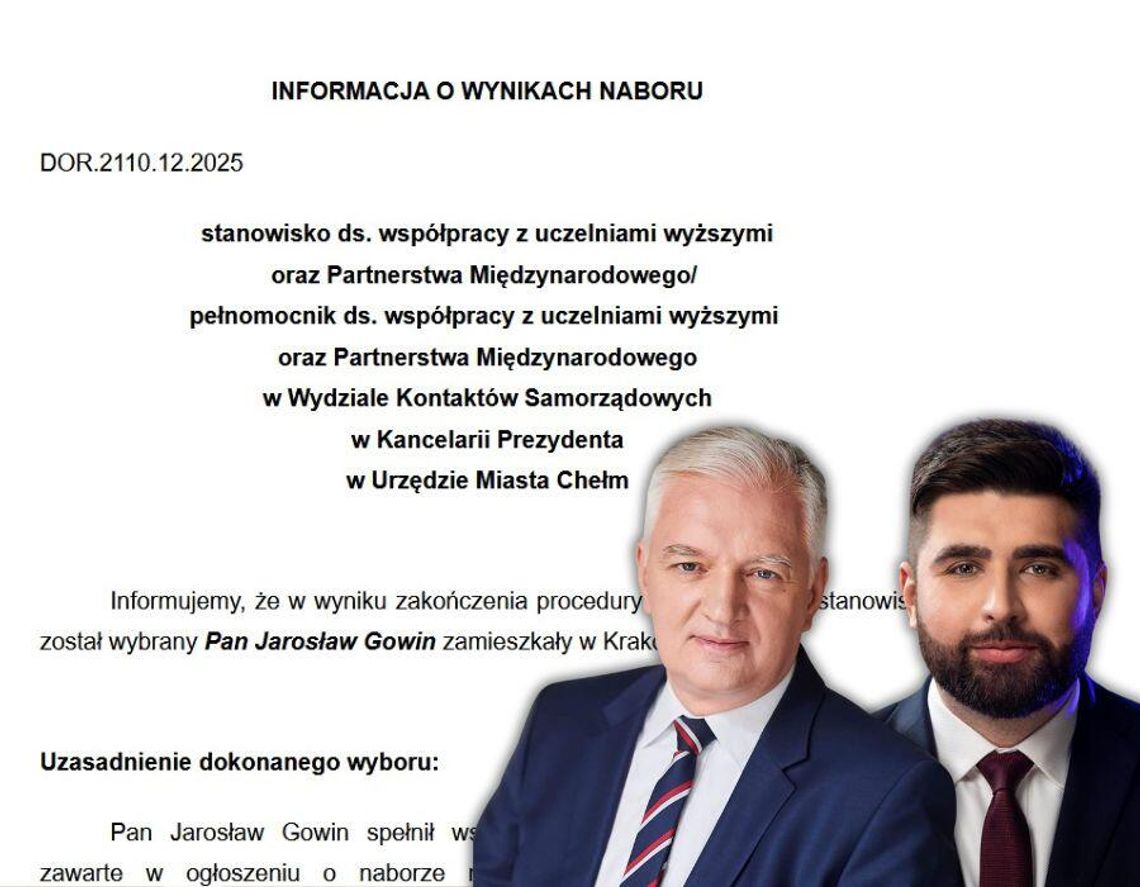 Jarosław Gowin, nowy pełnomocnik prezydenta Chełma, zajmie się koordynacją Centrum Kompetencji Europejskich Jarosław Gowin, nowy pełnomocnik prezydenta Chełma, zajmie się koordynacją Centrum Kompetencji Europejskich