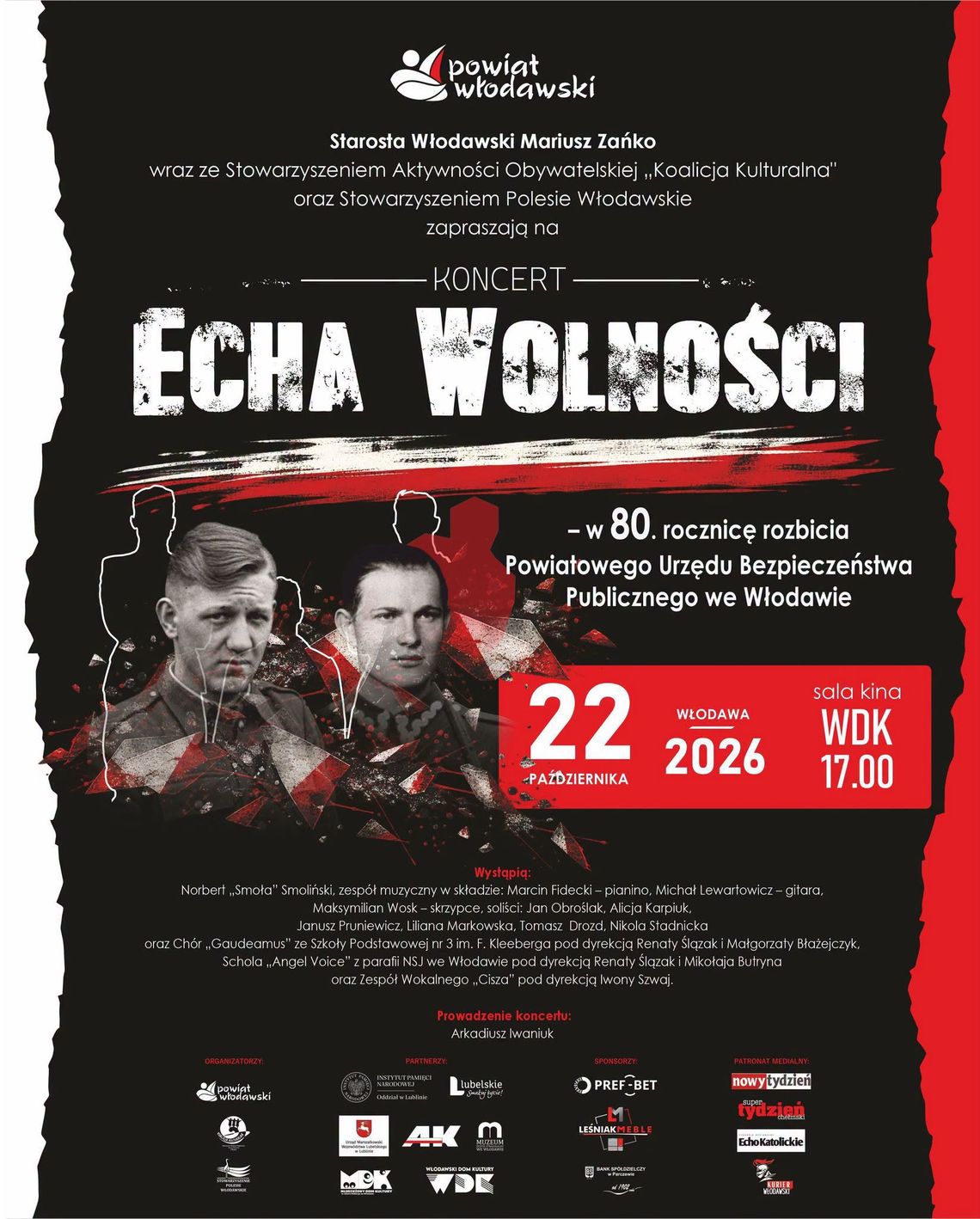 Koncert „Echa Wolności” we Włodawie. Muzyczne obchody 80. rocznicy ważnych wydarzeń Koncert "Echa wolności" odbędzie się 22 października o godzinie 17.00 w sali kinowej WDK we Włodawie.