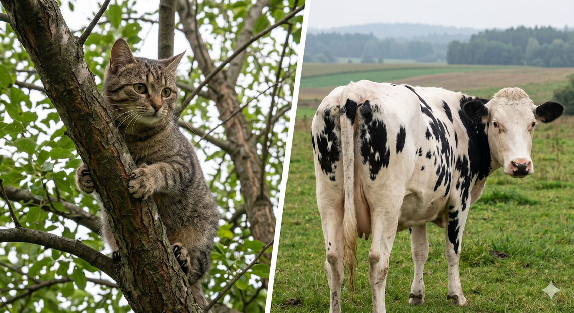 Kot trzy dni na drzewie, krowa na gigancie. Nie tylko ludzie potrzebują pomocy strażaków Kot trzy dni na drzewie, krowa na gigancie. Nie tylko ludzie potrzebują pomocy strażaków