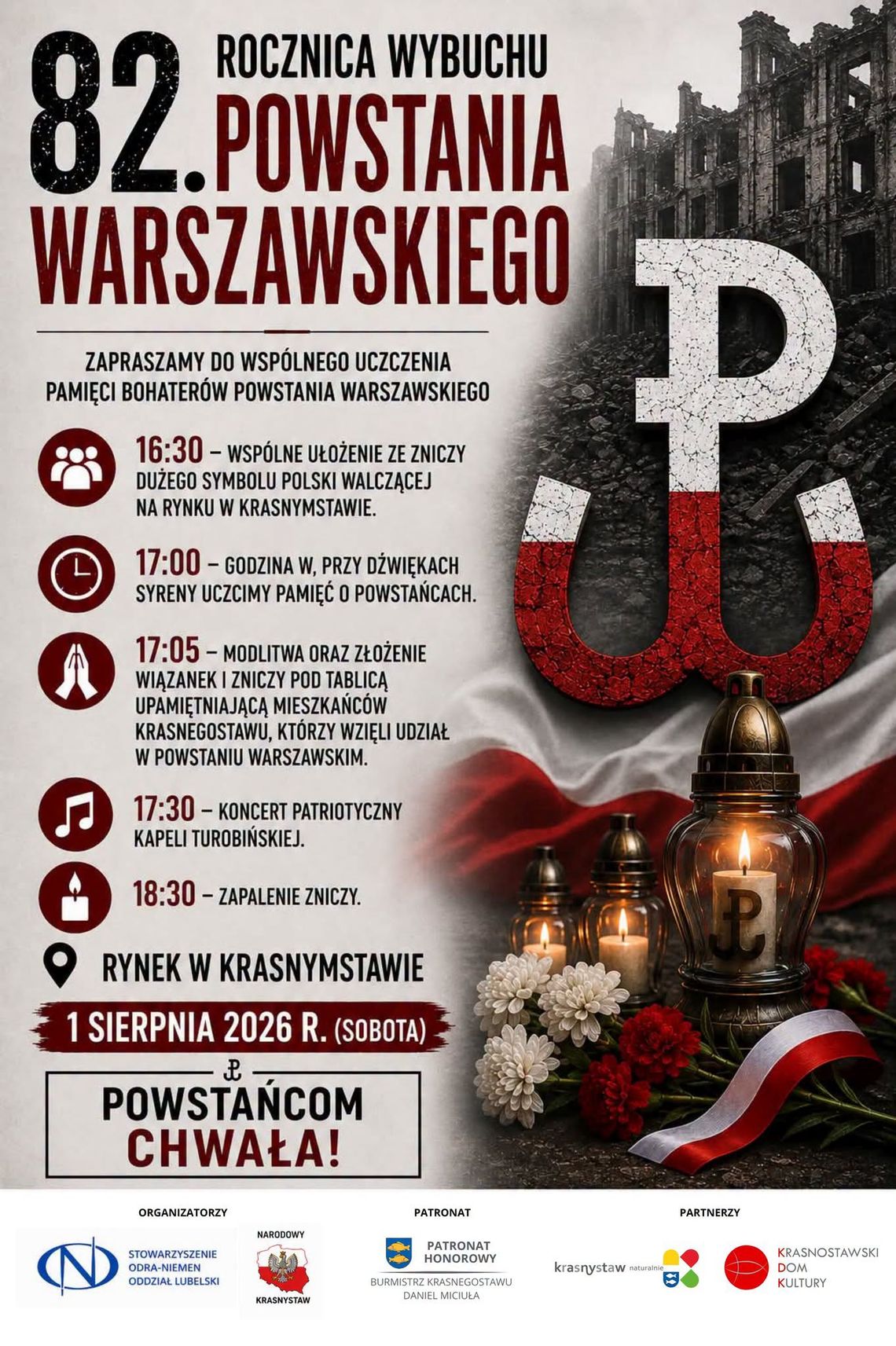 Plakat informujący o obchodach 82. rocznicy wybuchu Powstania Warszawskiego w Krasnymstawie.
