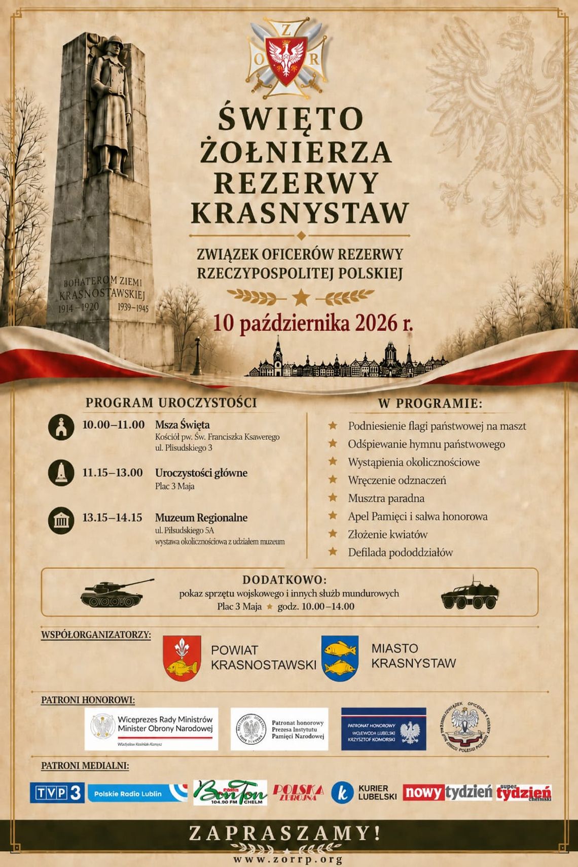 Krasnystaw. Wojskowy ceremoniał, pokaz sprzętu i hołd dla bohaterów Święto Żołnierza Rezerwy odbędzie się 10 października w Krasnymstawie.