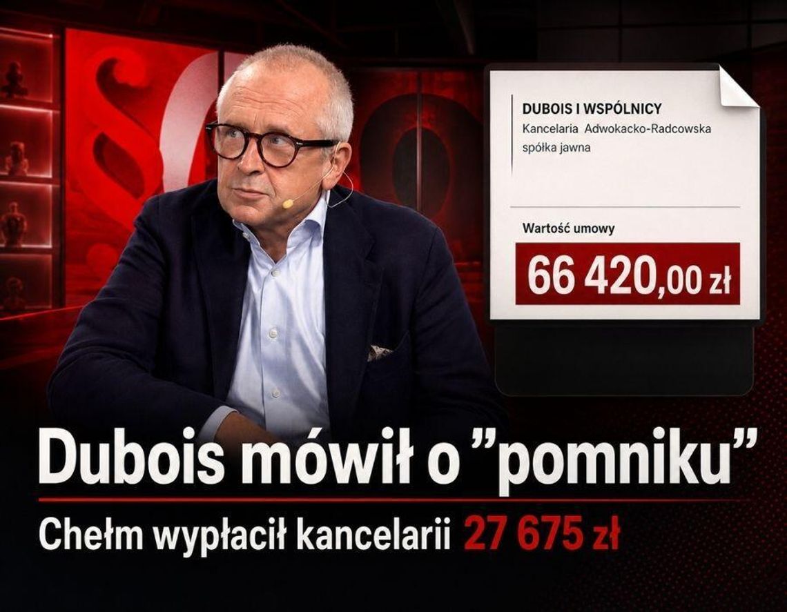 Jacek Dubois podczas rozmowy w Kanale Zero mówił o sprawie budowy „pomnika”. Tymczasem kancelaria Dubois i Wspólnicy reprezentuje Chełm w sporze dotyczącym Muzeum Pamięci Ofiar Rzezi Wołyńskiej. Wartość umowy wynosi 66 420 zł, a miasto wypłaciło dotychczas 27 675 zł.