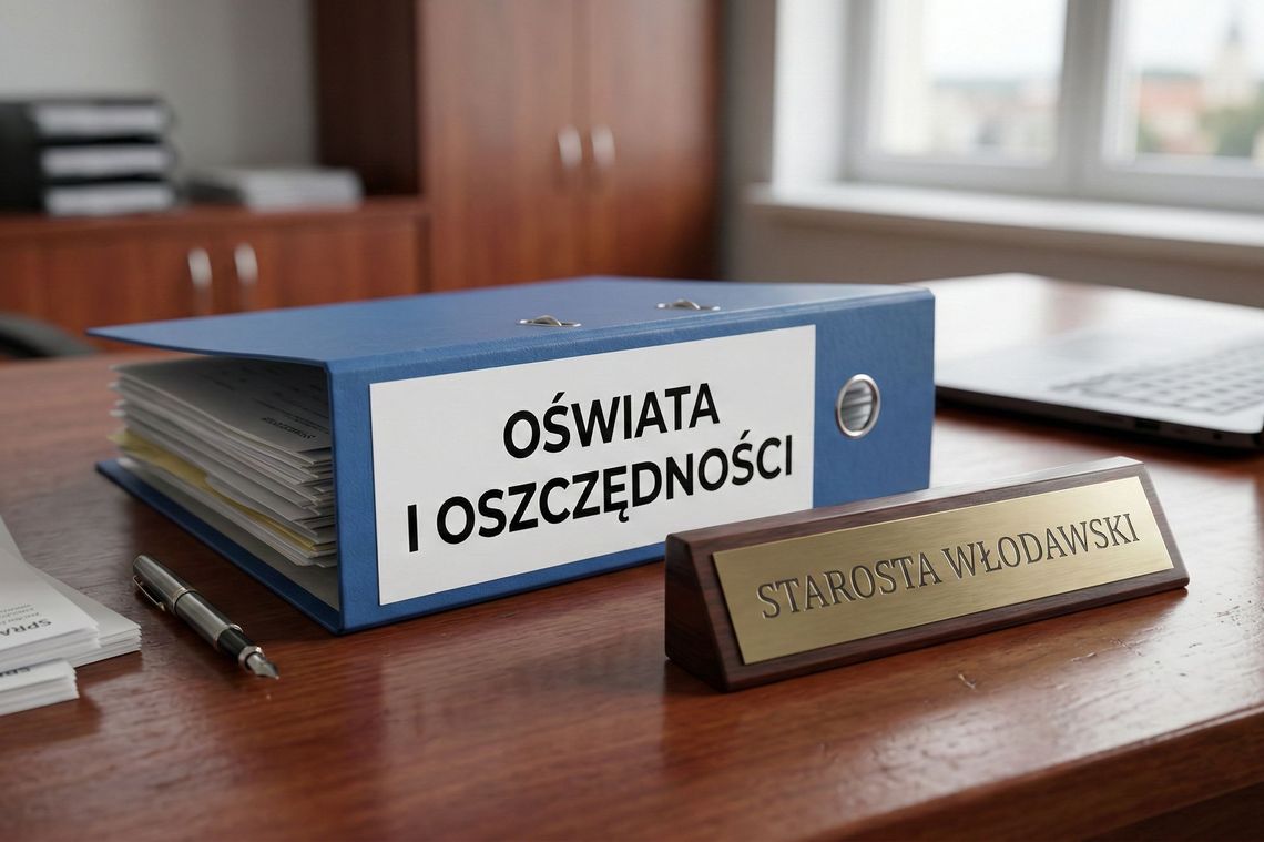 teczka z napisem oświata i oszczędnościn a biurku na której stoi tabliczka z napisem STAROSTA WŁODAWSKI