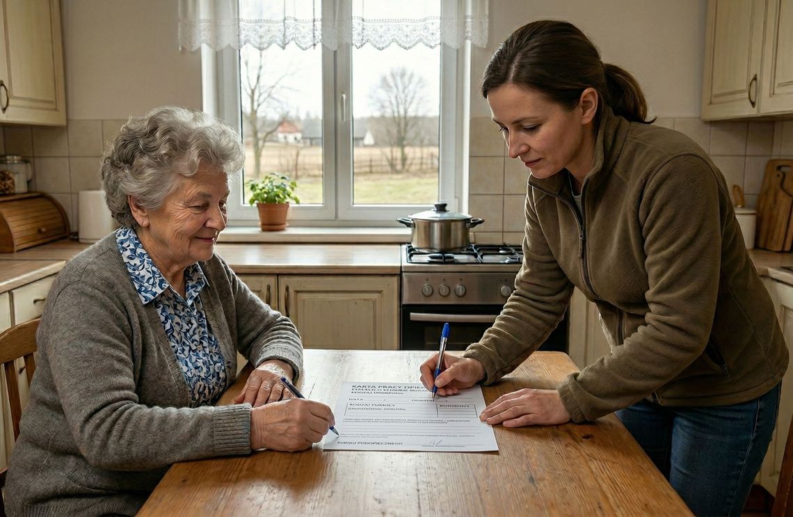 seniorka i pracownik socjalny wypełniają kartę pracy