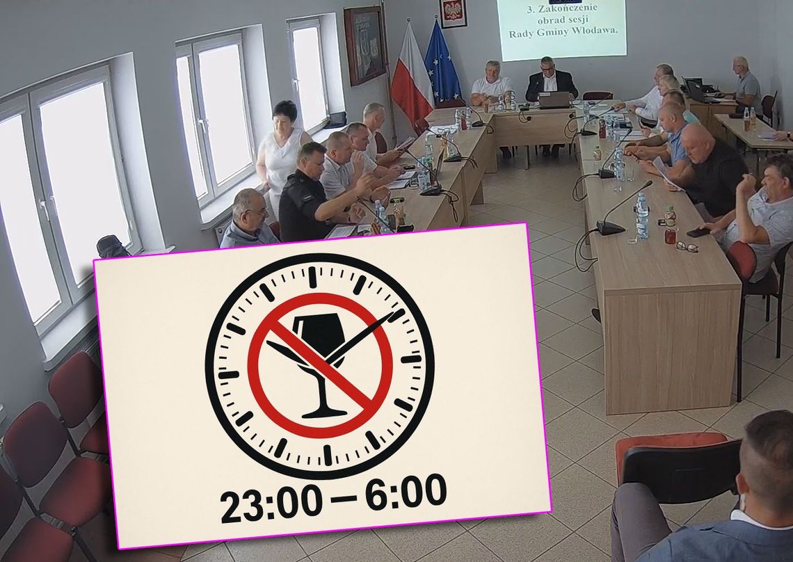 kadr z sesji rady gminy włodawa i grafika z godzinamu obowiazywania ograniczenia w sprzedazy alkoholu