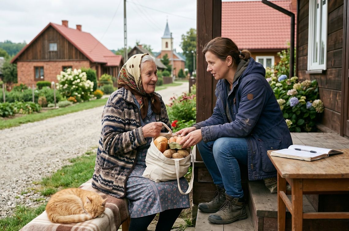 fot ilustracyjna symbolizująca wizytę pracownika socjalnego u starszej kobiety, która trzyma torbę z zakupami