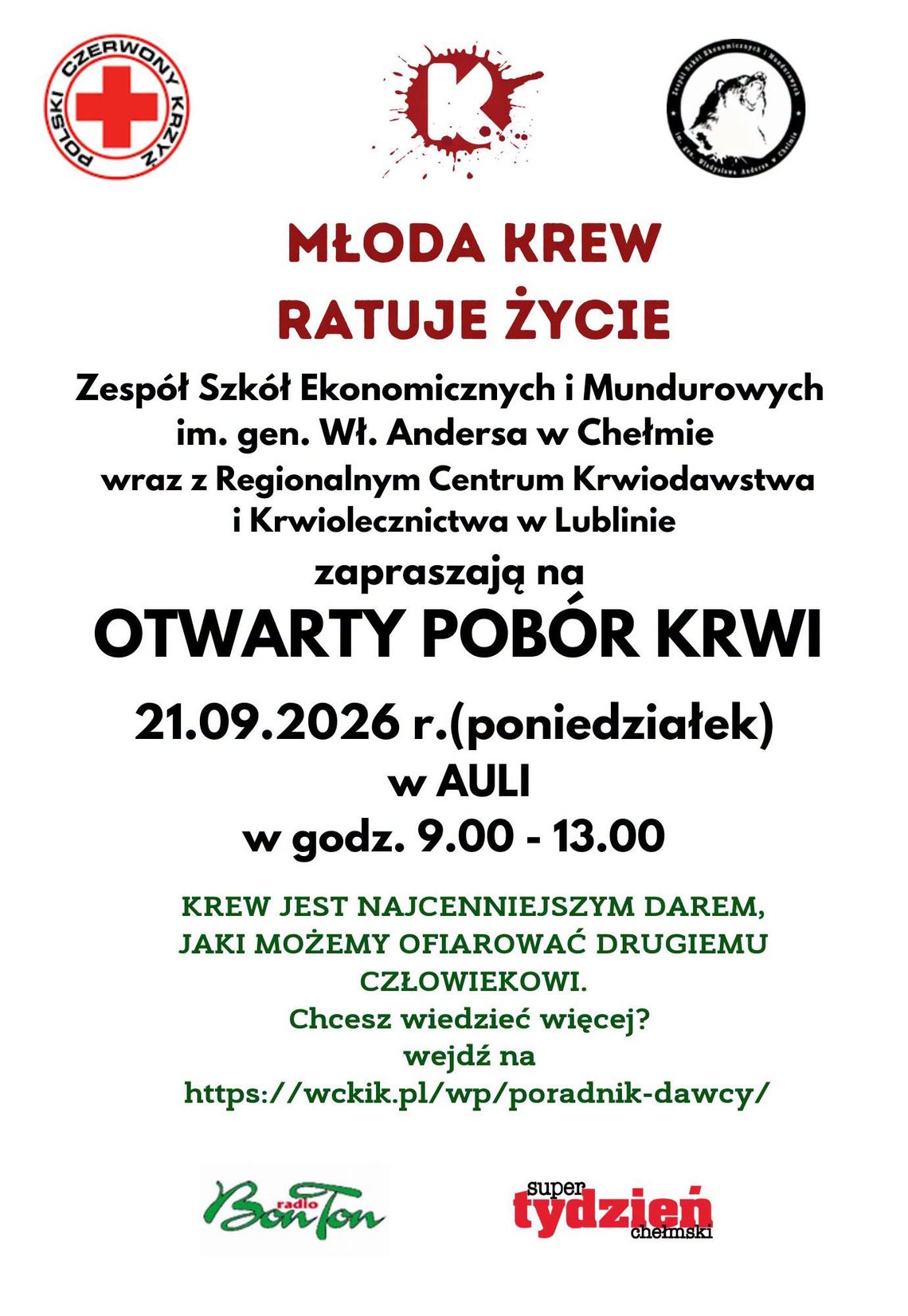 Otwarty pobór krwi w Chełmie już 21 września W Chełmie 21 września w godzinach 10-13 odbędzie się otwarty pobór krwi w ZSEiM.