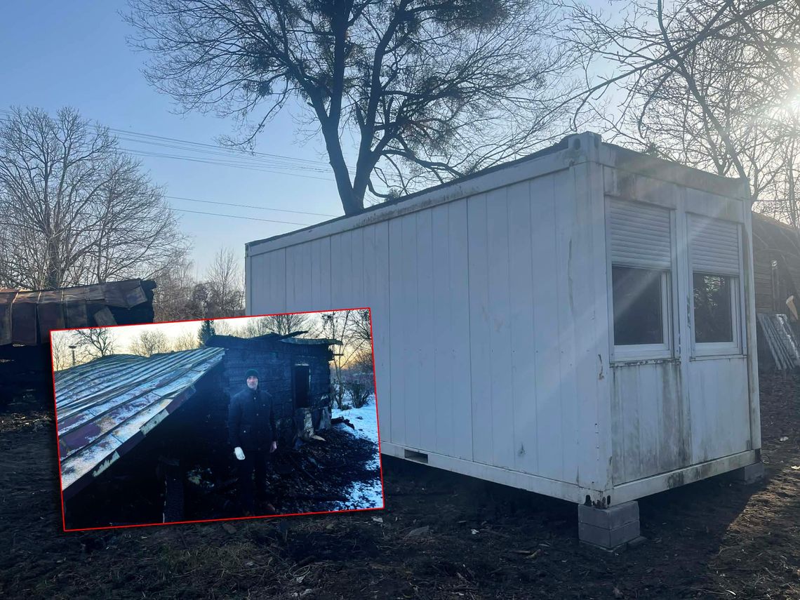 kontener mieszkalny i zdjęcie pogorzelca ze zbiórki