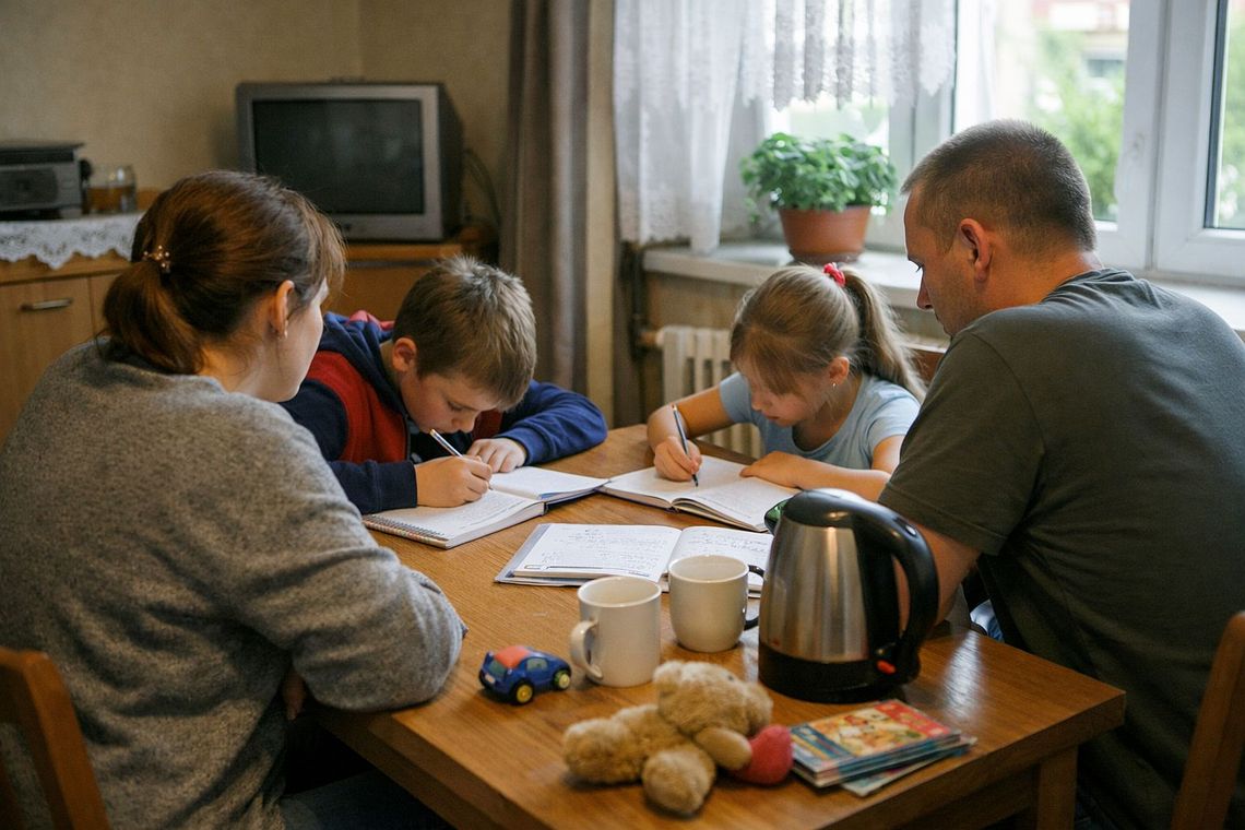 rodzina siedzi przy stole, dzieci odrabiają pracę domową