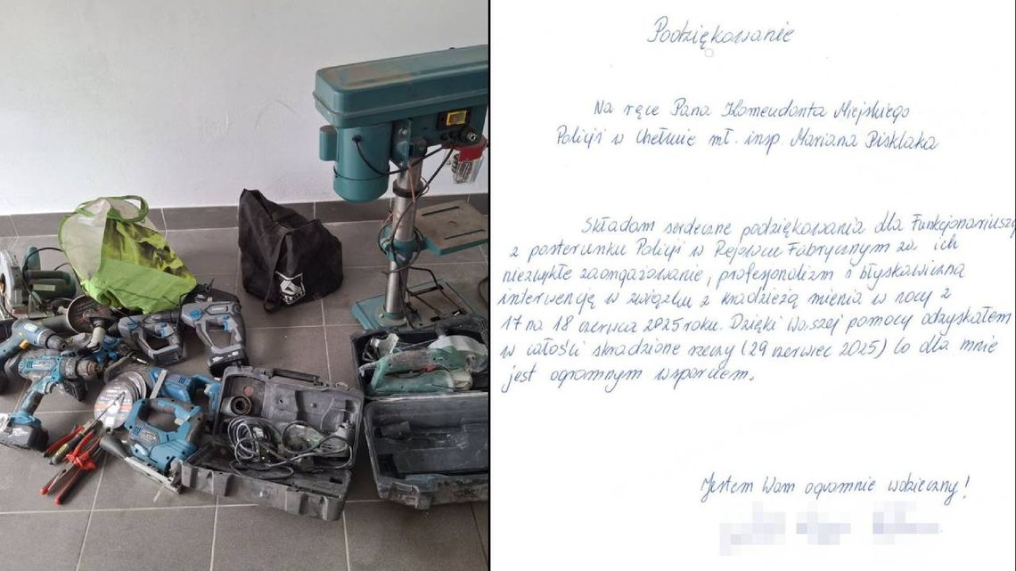 Podziękowania dla chełmskiej policji. Mundurowi złapali złodzieja i odzyskali sprzęt
