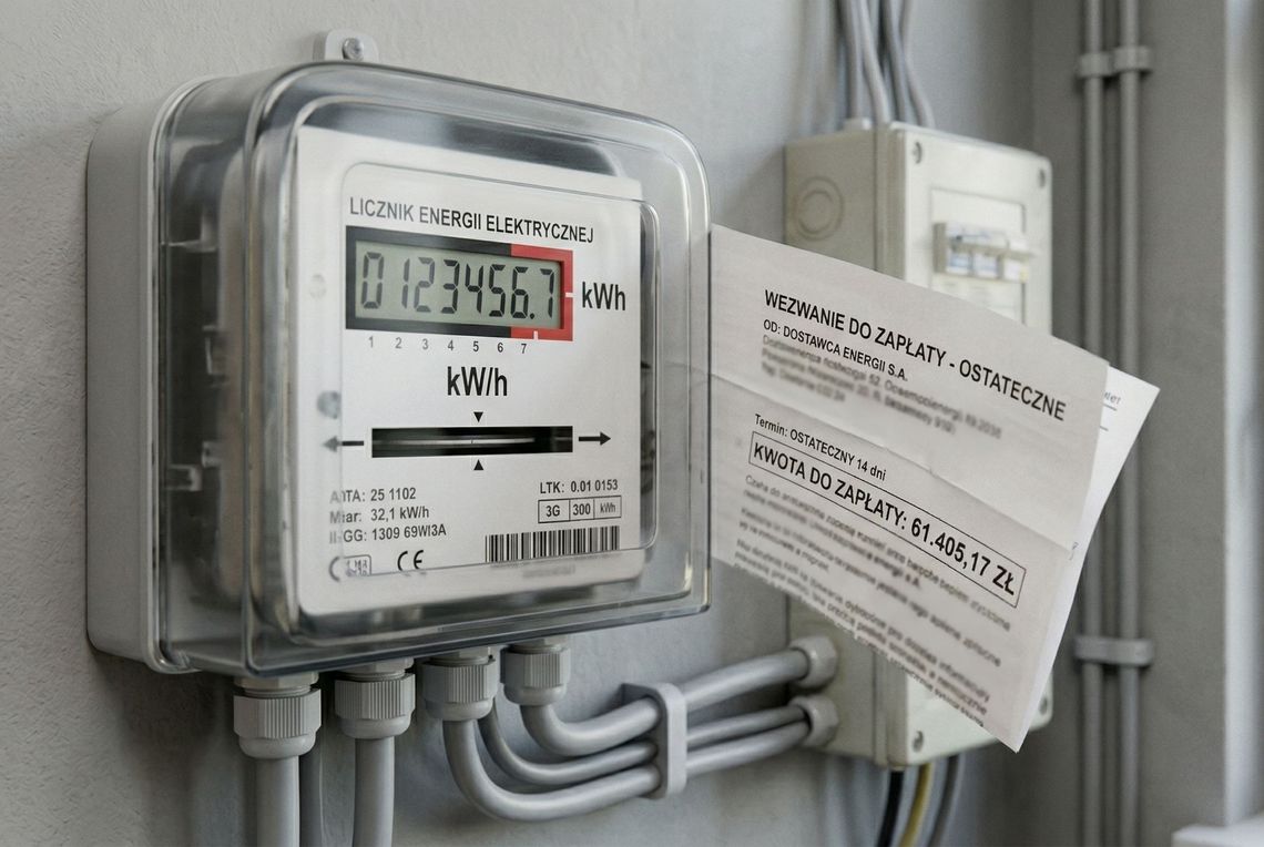 zdjecie licznika z wetkniętym wezwaniem do zapłaty kwoty ponad 60 tysięcy złotych