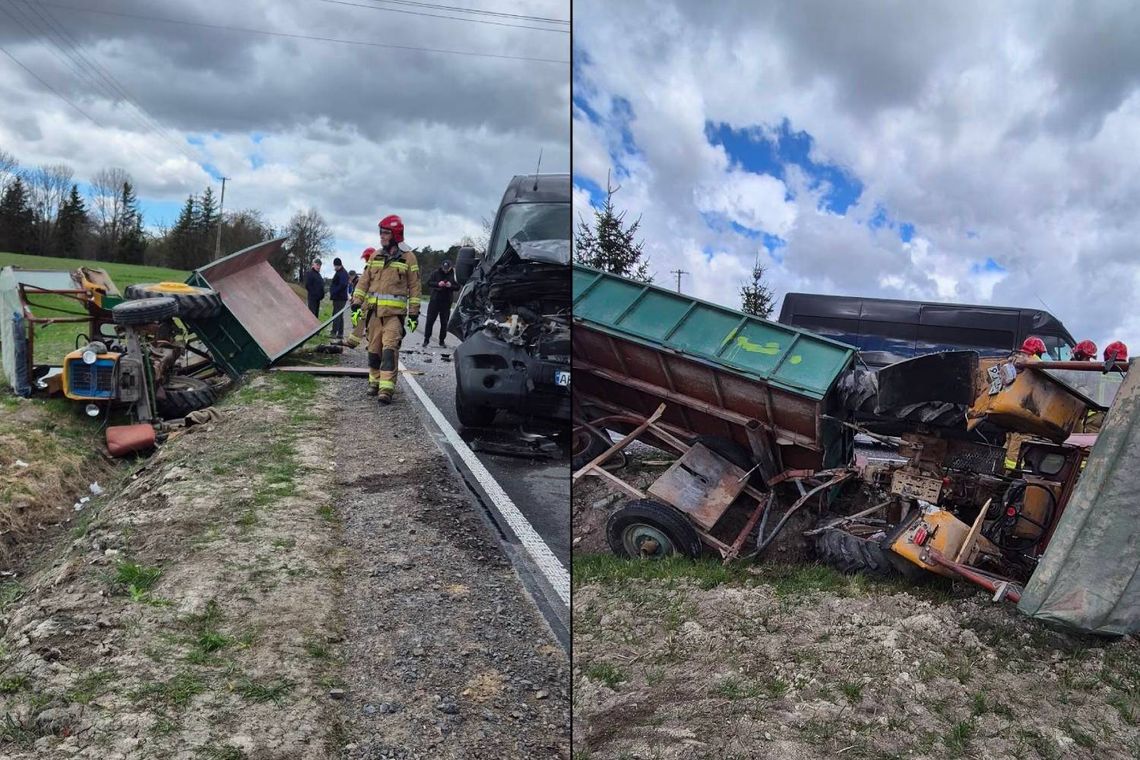 W wyniku silnego uderzenia busa w tył przyczepy rolniczej, kierowca ciągnika wypadł przez przednią szybę pojazdu.