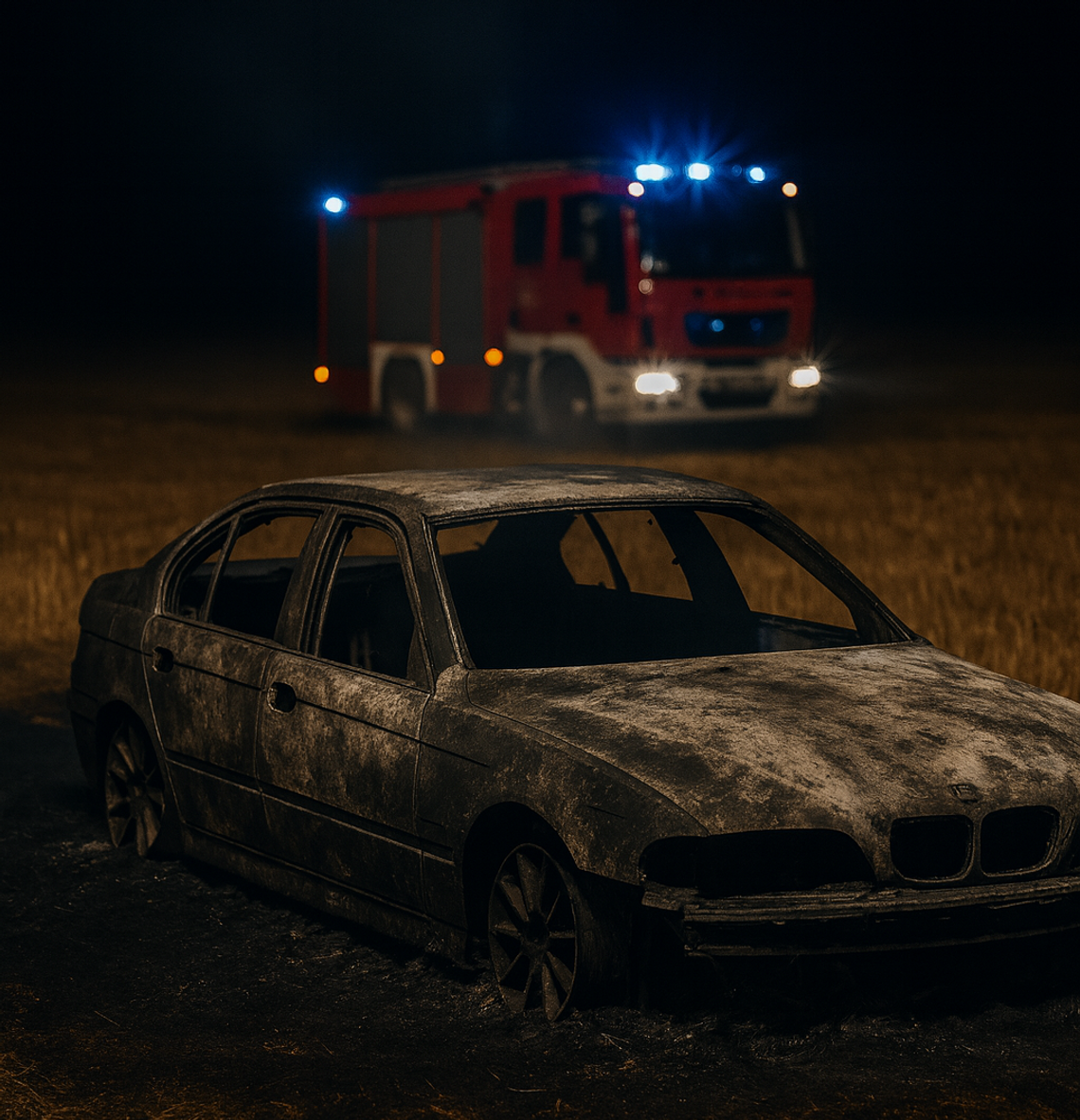 Pożar porzuconego BMW – pojazd spłonął doszczętnie