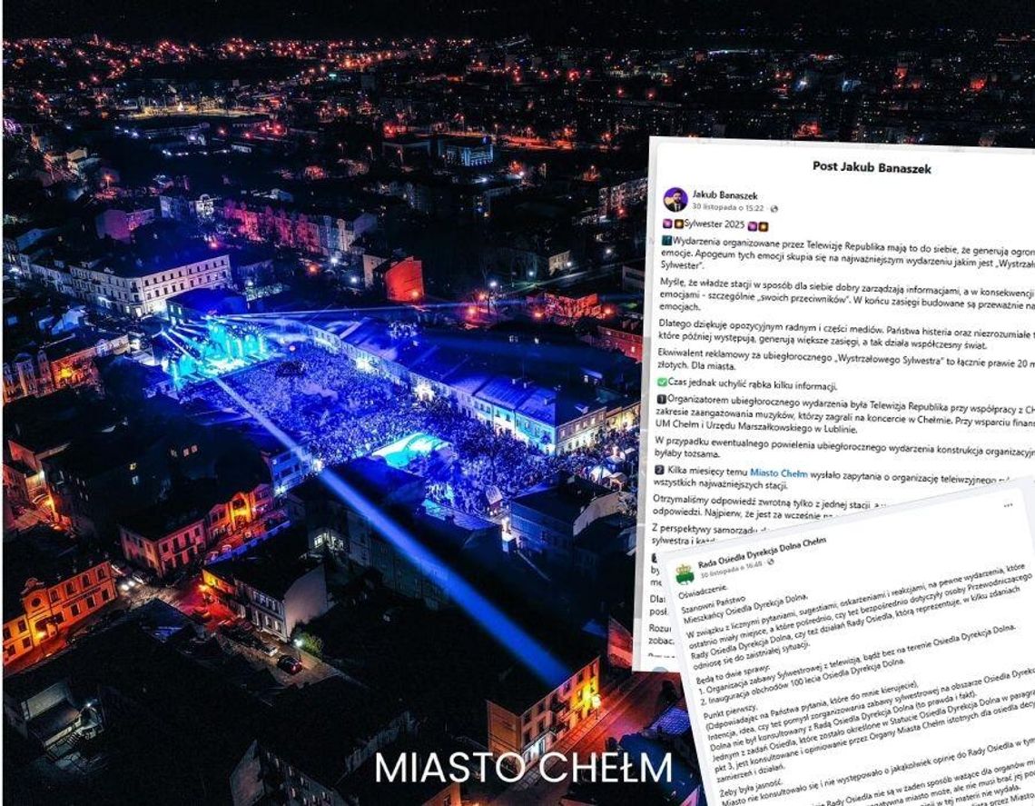 Dyskusja o organizacji sylwestra na Osiedlu Dyrekcja weszła w nową fazę po dwóch publicznych oświadczeniach – prezydenta Jakuba Banaszka oraz przewodniczącego Rady Osiedla Dyrekcja Dolna, Andrzeja Stachniuka.